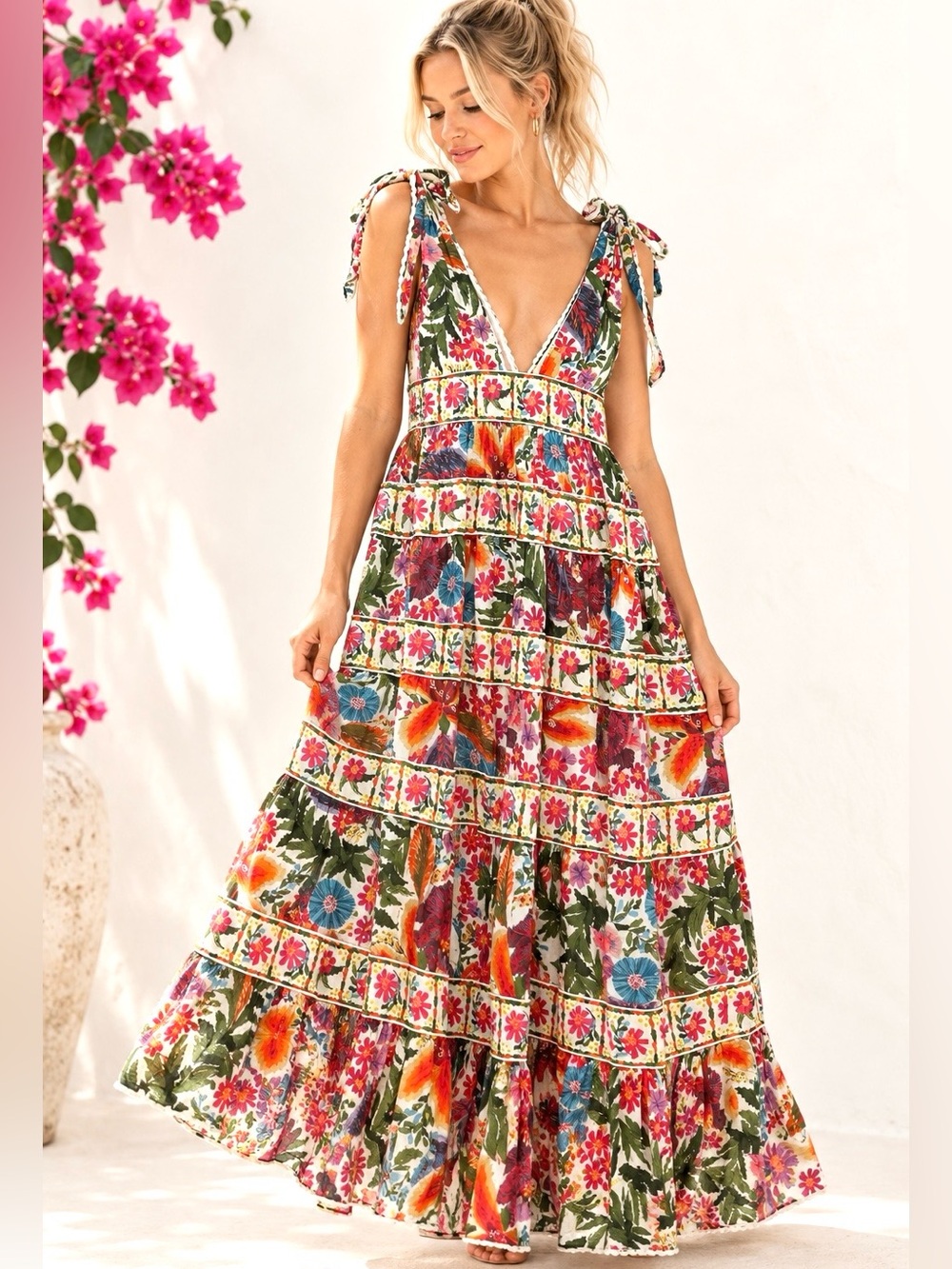 FARM RIO Off-White Tropical Yard Sleeveless Midi Dress Floral Tiered Medium